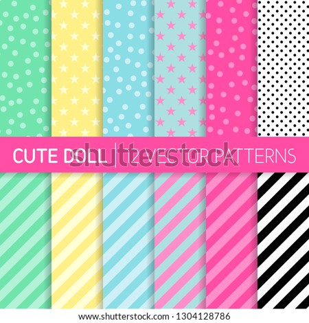 Cute Girly LOL Doll Style Vector Patterns. Pastel Pink, Blue, Mint Green, Yellow, Black and White Polka Dots, Stars and Stripes. Kids Birthday Party Decor. Repeating Pattern Tile Swatches Included. Stock photo © 