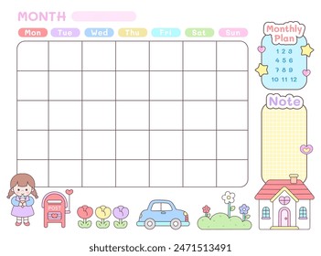 Cute girly monthly planner school timetable with house, rainbow, car,and flower kawaii icon background illustration