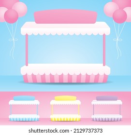 cute girly pastel counter display with awning 3d illustration vector collection for putting object