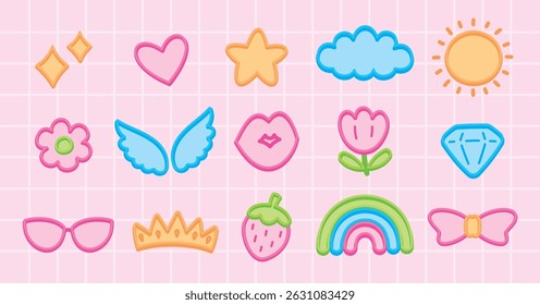 cute girly pastel kawaii graphic element with embossed stroke