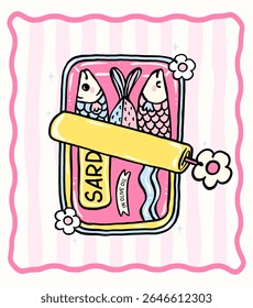 Cute girly pastel sardines in opened tin can Coquette fisherman style whimsical hand drawn doodle set for t shirt sublimation, stickers and wall art