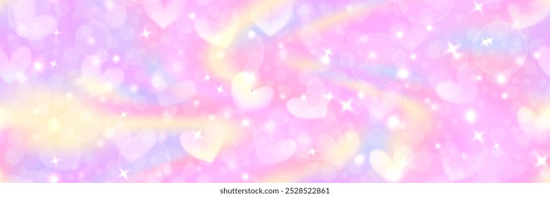 Unicórnio pastel feminino bonito bg com corações, estrelas e bolhas no céu rosa como padrão sem emenda. Doce doce princesa gradiente fundo. Ilustração abstrata de vetor