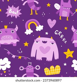 Cute girly pattern with funny monsters. Seamless purple vector print with abstract monster girls for baby.