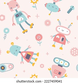 Cute girly pattern with pink robots. Seamless vector print for baby girl textile and fabric.