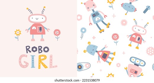 Cute girly pattern with pink robots. Seamless vector print set for baby girl textile and fabric.