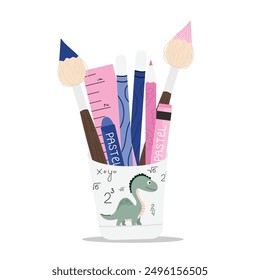 Cute girly pencil holder with cartoon dinosaur and math signs. Vector brushes, pastels, pencils in children's back to school concept. For educational banners, posters, school sales.