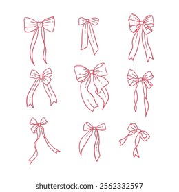 Cute girly pink bows set, gift ribbons with elegant knots. Trendy hand drawn hair braiding accessories. Bow knots for gift wrapping, party decoration, present. Vector illustration.