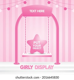 cute girly pink pastel arch with swing display on pink striped background 3d illustration vector for putting your object