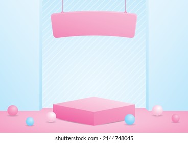 cute girly pink product display podium with hanging sign on sweet pastel blue backdrop 3d illustration vector for putting object