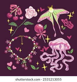 Cute girly pink y2k vector stickers. Vector images of ribbons, cherries, a pink rose, a butterfly, a beaded necklace, a pink jellyfish, a round lollypop, a hair clip