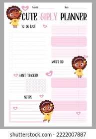 Cute girly planner. Weekly organizer, to-do list, notes and habit tracker with happy cartoon dark-skinned ethnic girls. Vector vertical template for print, design, decor, kids collection, stationery