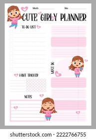 Cute girly planner. Weekly organizer, to-do list, notes and habit tracker with happy cartoon girls. Vector vertical template in pink color for print, design, decor, kids collection, stationery