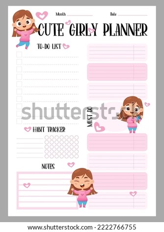 Cute girly planner. Weekly organizer, to-do list, notes and habit tracker with happy cartoon girls. Vector vertical template in pink color for print, design, decor, kids collection, stationery