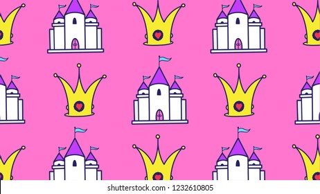 Cute girly princess illustration of castle and crown doodles background collection pattern