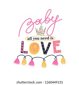 Cute girly print. Fashionable slogan design for girls. Creative design for T-shirt. Vector EPS 10.