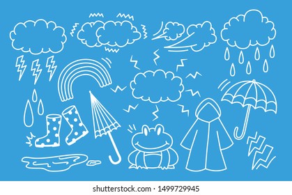 cute and girly rainy doodle art vector. raining freehand white outline vector. 