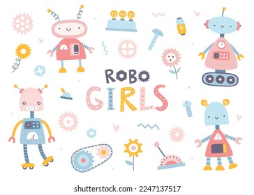 Robots de niñita. Colección robótica rosa de dibujos animados para niñas. Divertido paquete de stickers robóticos.