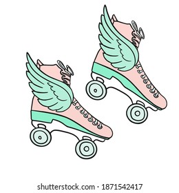 Cute girly roller skates with wings. Retro quad rollers cartoon vector illustration, isolated on white background.