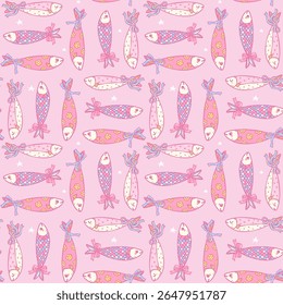 Cute girly sardine with bow seamless pattern on pink background in hand drawn coquette fisherman aesthetic for fabric, digital paper, and kitchen decor