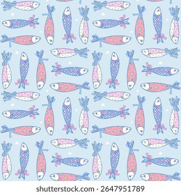 Cute girly sardine with bow seamless pattern on blue background in hand drawn coquette fisherman aesthetic for fabric, digital paper, and kitchen decor