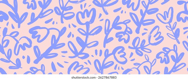 Cute girly seamless pattern with brush drawn funky flowers with stems. Hand drawn vector pastel colored wrapping paper. Childish botanical motif background. Naive brush drawing. Ink meadow plants.