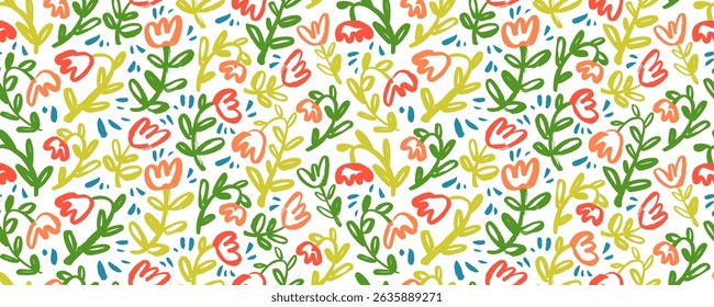 Cute girly seamless pattern with brush drawn funky flowers with stems. Hand drawn vector pastel colored wrapping paper. Childish botanical motif background. Naive brush drawing. Ink meadow plants.
