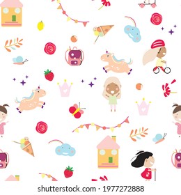 Cute girly seamless pattern with children, houses, backpack, unicorns, flowers. For textile, wallpaper, wrapping paper, packaging, book cover. Vector pattern with girl items. 