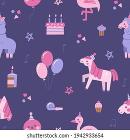 Cute girly seamless pattern design. Birthday themed illustration. Alpaca, flamingo, pony, balloons and cupcake elements. 