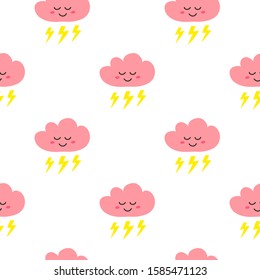 Cute girly seamless pattern with doodle colorful happy clouds.