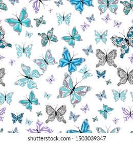 Cute girly seamless pattern drawn by hand. Repeated butterflies. Sketch, doodle, scribble. Endless. Vector illustration.