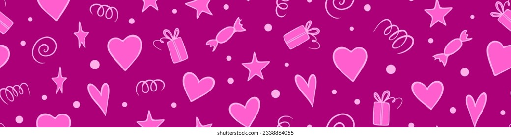 Cute girly seamless pattern. Hand drawn doodles on pink background. Vector illustration.