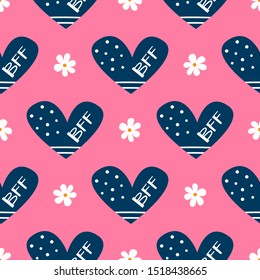 Cute girly seamless pattern. Repeating flowers and hearts with text BFF. Vector illustration.