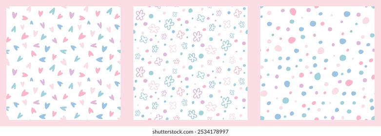 Bonito conjunto de padrão sem emenda da menina. Corações Flores Pontos em fundo de cores pastel. Desenhado à mão Doodle Padrões de bebê. Modelo para crianças scrapbook, embalagem, impressão têxtil