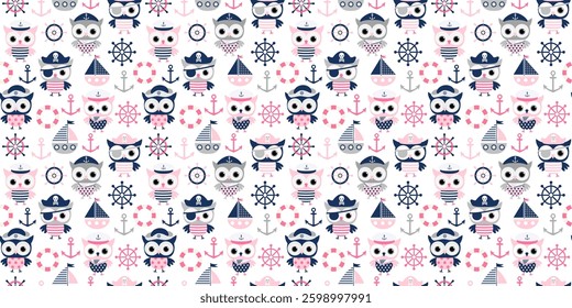 Cute girly seamless vector nautical pattern with sailor, pirate owls, boats in pink and blue for summer graphic designs for girls