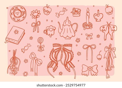 Cute girly set of elements in coquette style. Gentle line art trendy whimsical clip art collection. Wedding stickers isolated on pink background. Vector hand drawn illustration