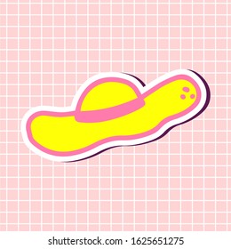 Cute girly sticker. Single element of summer girl hat in cartoon style.Sign girly vector illustration isolated on pink checkered background.Design for tattoo,print,scrapbook,posters, stickers,seasonal