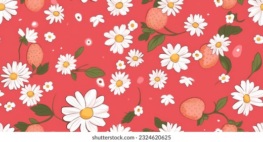 Cute girly strawberry and daisy floral pattern. Spring summer strawberries and daisies illustration repeat wallpaper. Pink background.   ,