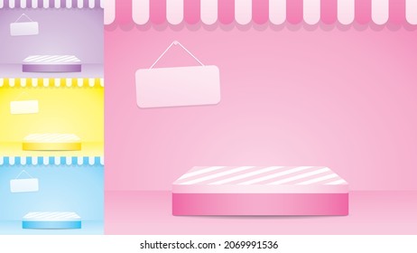 cute girly striped pattern podium display with awning and hanging sign on sweet pastel floor and wall  3d illustration vector collection for putting your object