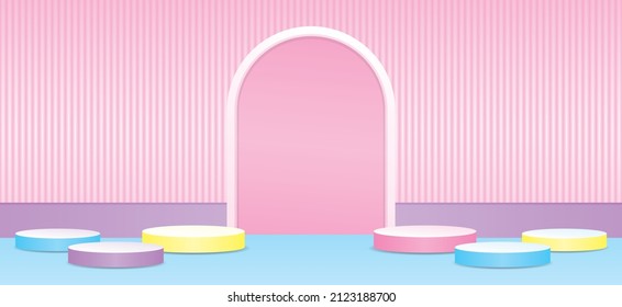 cute girly sweet pastel color podium display with arch backdrop 3d illustration vector for putting your object