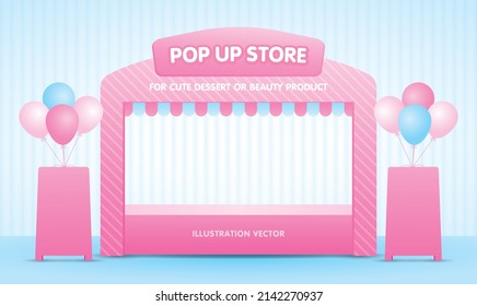 Cute Girly Sweet Pink Pastel Pop Up Store 3d Illustration Vector With Signboard And Balloons Graphic Element