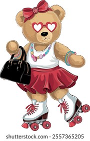 cute girly teddy bear in pink fashion style with skating shoe vector art