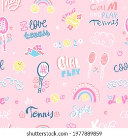 Cute girly tennis seamless pattern. Pink background with racket, rainbow, ball and doodles for wrapping paper designs, cards, covers and posters. Wallpaper for girls. Lettering, phrases motivation.