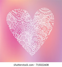 Cute girly vector illustration of elegant wedding white lace romantic heart on pink gradient. Ideal for date card design background