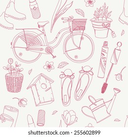 Cute girly vector pattern on spring season lifestyle, beauty and garden activities seamless pattern with bicycle, ballet flats, mascara, lipstick, rubber boots, garden items. Ideal for wrapping paper