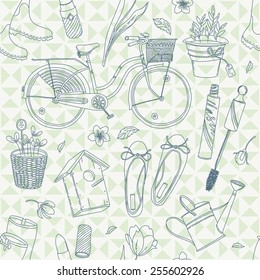 Cute girly vector pattern on spring season lifestyle, beauty and garden activities seamless pattern with bicycle, ballet flats, mascara, lipstick, rubber boots, garden items. Ideal for wrapping paper