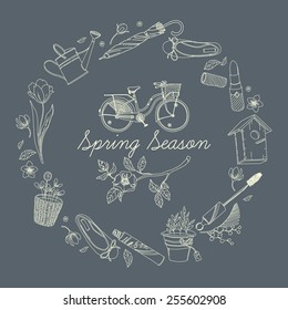 Cute girly vector round frame on spring season, beauty and garden activities with bicycle, ballet flats, mascara, lipstick, rubber boots, garden items. Spring design element.