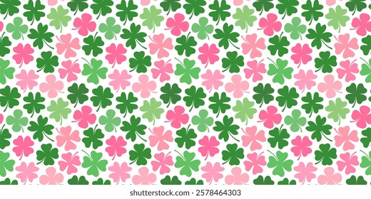 Cute girly vector seamless pattern, green and pink four leaf clovers, Floral background for Saint Patrick's Day