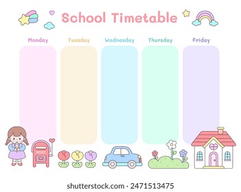 Cute girly weekly planner school timetable with house, rainbow, car,and flower kawaii icon background illustration