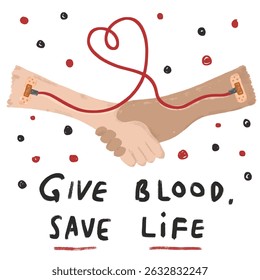 Cute give blood save life text world international blood donor donate donation day word campaign slogan symbol icon doodle with confetti kids illustration crayon watercolor medical aid modern design