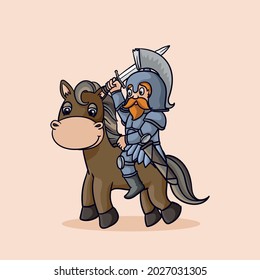 cute gladiator riding horse and carrying sword, cartoon style